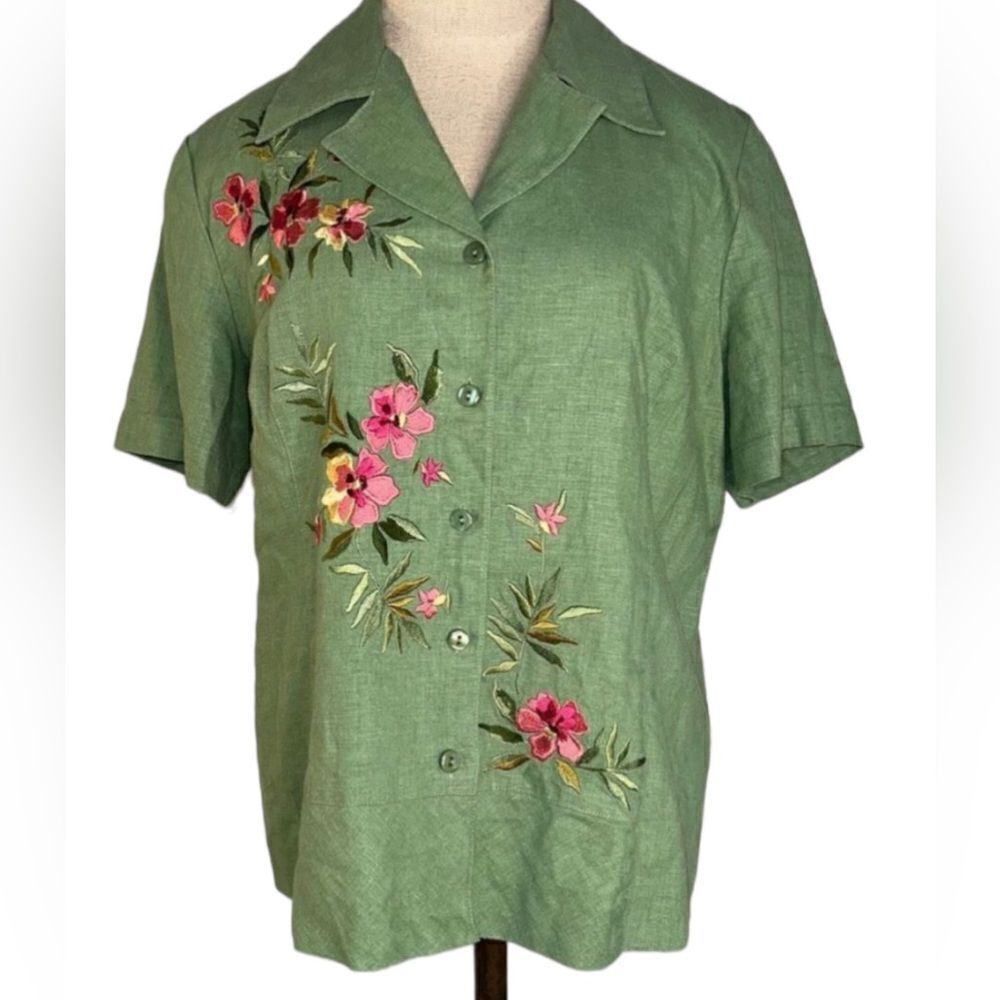 Napa Valley Green Linen Blend Floral Embroidered Button Front Top Boho Vintage